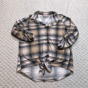Jolie & Joy Girls Shirt Size Large 14 Biege Plaid Roll Tab Knot Top Button Up